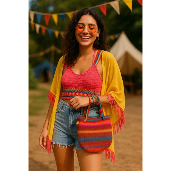 HANDMADE Ombre Booga Bag 11" X 10.5" Jewel Tones Fuschia Pink Purple Green Blue - Picture 2 of 7